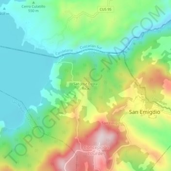 Carte topographique San José Costa Rica, altitude, relief