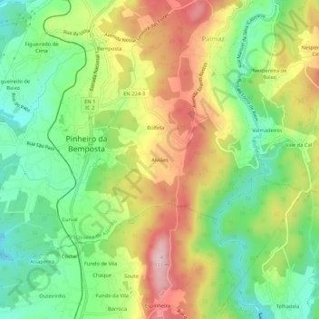 Carte topographique Alviães, altitude, relief
