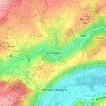 Carte topographique Grötzingen, altitude, relief