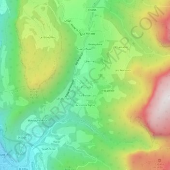 Carte topographique Pommiers-la-Placette, altitude, relief