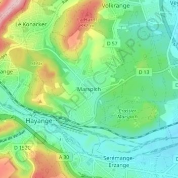 Carte topographique Marspich, altitude, relief