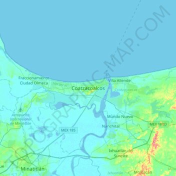 Carte topographique Coatzacoalcos, altitude, relief