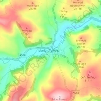 Carte topographique Llanfair Talhaearn, altitude, relief