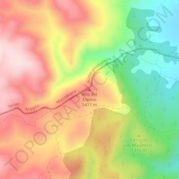 Carte topographique Alto del Espino, altitude, relief