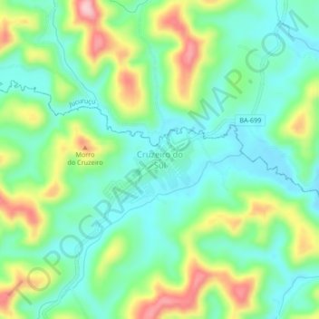 Carte topographique Cruzeiro do Sul, altitude, relief