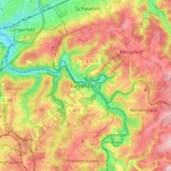 Carte topographique Beyenburg, altitude, relief