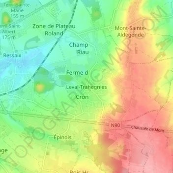 Carte topographique Leval-Trahegnies, altitude, relief