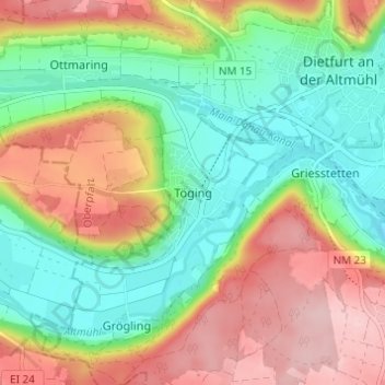 Carte topographique Töging, altitude, relief