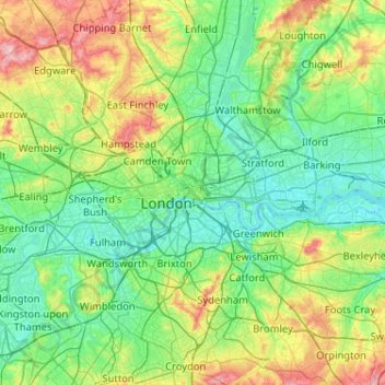 Carte topographique City de Londres, altitude, relief