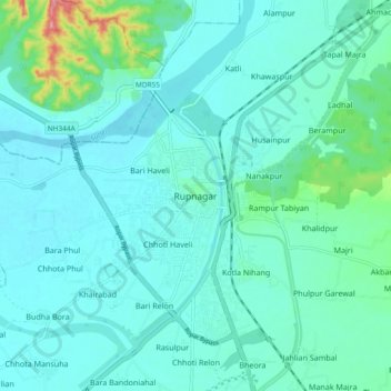 Carte topographique Rupnagar, altitude, relief