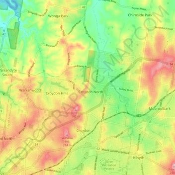 Carte topographique Croydon North, altitude, relief