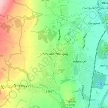 Carte topographique Rhosllanerchrugog, altitude, relief