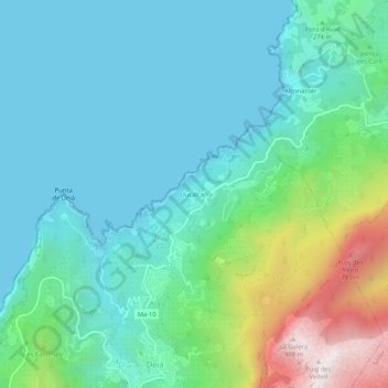 Carte topographique Llucalcari, altitude, relief