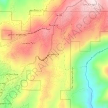 Carte topographique Confidence, altitude, relief