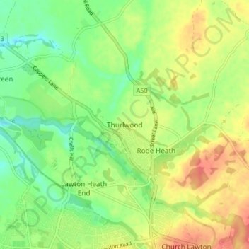 Carte topographique Thurlwood, altitude, relief