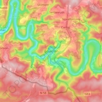 Carte topographique Bouillon, altitude, relief