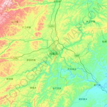 Carte topographique Fenghuang, altitude, relief