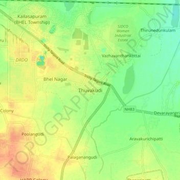 Carte topographique Thuvakudi, altitude, relief