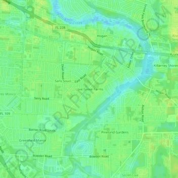 Carte topographique Love Grove Farms, altitude, relief