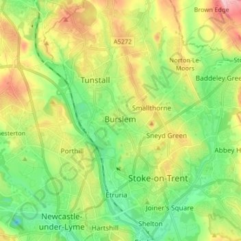 Carte topographique Burslem, altitude, relief