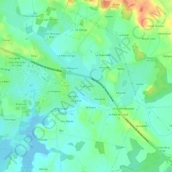 Carte topographique Ty er Lann, altitude, relief