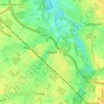 Carte topographique Breyell, altitude, relief
