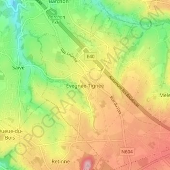 Carte topographique Évegnée-Tignée, altitude, relief