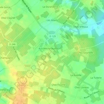 Carte topographique Aux Chataigniers, altitude, relief