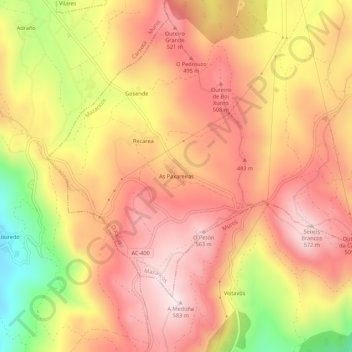 Carte topographique As Paxareiras, altitude, relief