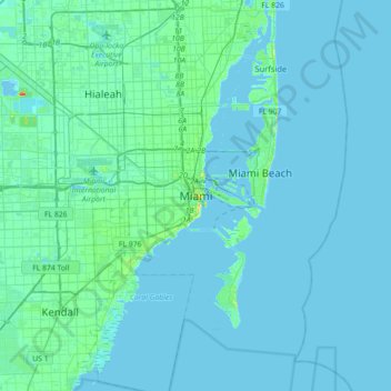 Carte topographique Miami, altitude, relief