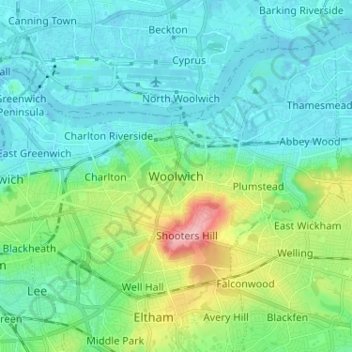 Carte topographique Woolwich, altitude, relief