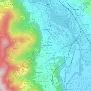 Carte topographique Parzanella Inferiore, altitude, relief