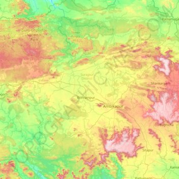 Carte topographique Surguja, altitude, relief