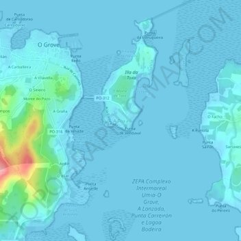 Carte topographique La Toja, altitude, relief
