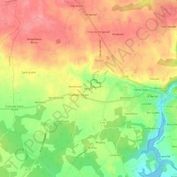 Carte topographique Kergoz, altitude, relief