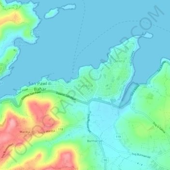 Carte topographique Buġibba, altitude, relief