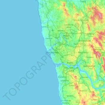 Carte topographique Matosinhos, altitude, relief