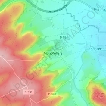 Carte topographique Mont-Villers, altitude, relief