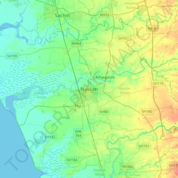 Carte topographique Navsari, altitude, relief