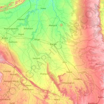 Carte topographique Kota, altitude, relief