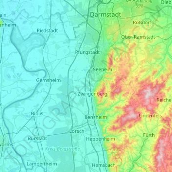 Carte topographique Alsbach-Hähnlein, altitude, relief