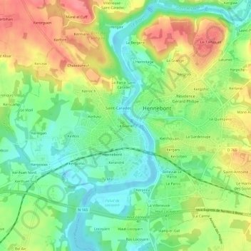 Carte topographique Le Guiriel, altitude, relief