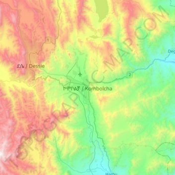 Carte topographique Kombolcha, altitude, relief