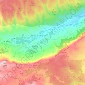 Carte topographique Benialí, altitude, relief