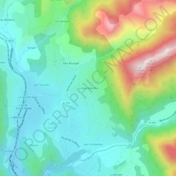 Carte topographique Le Mas Rebuffat, altitude, relief
