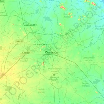 Carte topographique Warangal, altitude, relief