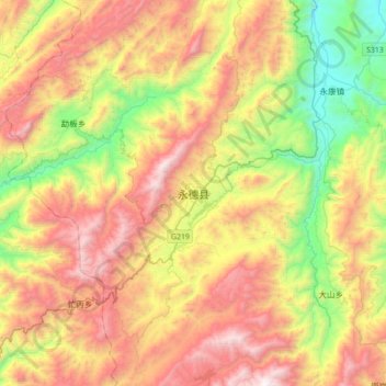 Carte topographique Yongde, altitude, relief