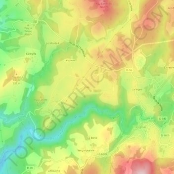 Carte topographique Coly, altitude, relief