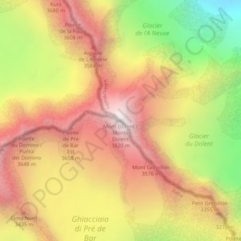 Carte topographique Monte Dolent, altitude, relief