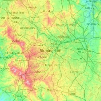 Carte topographique Birmingham, altitude, relief